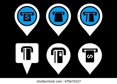 ATM Map Pointer vector icons. Pictogram style is bicolor blue and white flat icons with rounded angles on a black background.