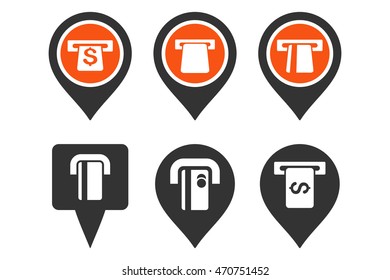 ATM Map Pointer vector icons. Pictogram style is bicolor orange and gray flat icons with rounded angles on a white background.