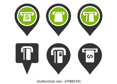 ATM Map Pointer vector icons. Pictogram style is bicolor eco green and gray flat icons with rounded angles on a white background.