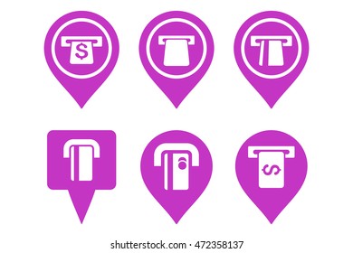 ATM Map Pointer vector icons. Pictogram style is violet flat icons with rounded angles on a white background.