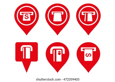 ATM Map Pointer vector icons. Pictogram style is red flat icons with rounded angles on a white background.