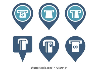 ATM Map Pointer vector icons. Pictogram style is bicolor cyan and blue flat icons with rounded angles on a white background.