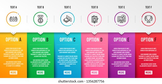 Atm money, Best rank y los iconos de Elevador conjunto simple. Como video, carteles de Laureate y Winner. Divisa del dólar, medalla de éxito.Plantilla de infografía. Escala de tiempo de 6 pasos. Opciones comerciales. Vector