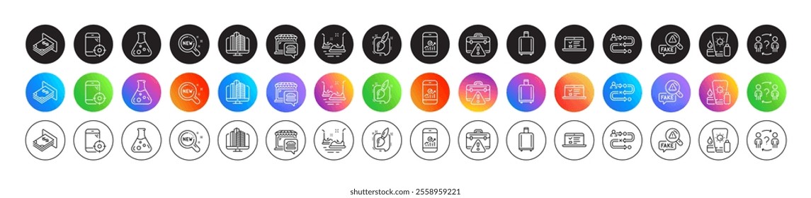 Atm money, Enterprise and Food market line icons. Round icon gradient buttons. Pack of Sunscreen, Bumper cars, Seo phone icon. Fake news, Baggage reclaim, New products pictogram. Vector