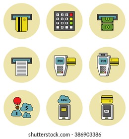  ATM money machine and electronic payment vector icon set 