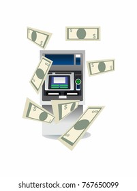 ATM and money on a white background
