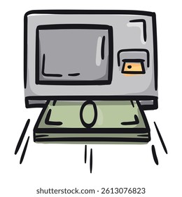 ATM with money. Vector hand drawn doodle illustration for print, sticker. Cash withdrawal icon