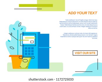 ATM money withdrawal minimal concept for presentation, web, banner, poster with green plant