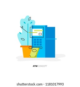 ATM money withdrawal minimal concept for presentation, web, banner, poster with green plant