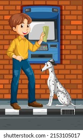 Cajero automático en escena callejera con un hombre retirando ilustración de dinero