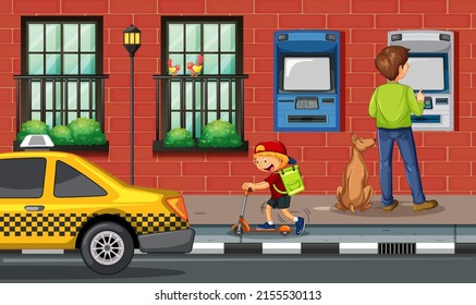 ATM on street scene with people illustration