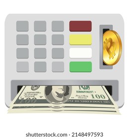 ATM panel with slots for depositing BTC Bitcoin and receiving cash in paper dollars USD. Concept of exchanging Bitcoin coins for cash Dollars. Vector illustration.