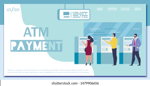 ATM Payment, Digital Banking, Distant Financial Transactions Service Flat Vector Web Banner, Landing Page Template with Man and Woman Using ATM Terminals, Making Cash Payments in Bank Illustration