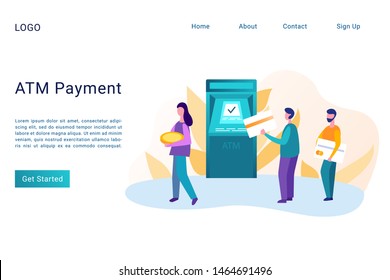 ATM payment landing page flat vector template. Money withdrawal, transfer, transaction website homepage concept. People holding debit cards and using automated teller machine web banner