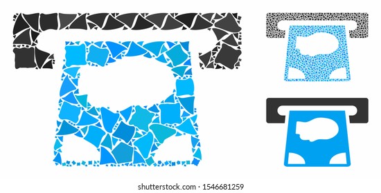 ATM payment mosaic of bumpy elements in various sizes and shades, based on ATM payment icon. Vector uneven pieces are organized into mosaic. ATM payment icons collage with dotted pattern.
