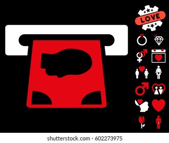 ATM Payment pictograph with bonus romantic pictograms. Vector illustration style is flat iconic symbols on white background.