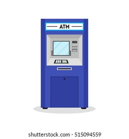 ATM Payment Terminal Auto Teller Machine Cartoon Blue. Flat Design Style Vector illustration Business cashpoint, deposit, Withdrawing money with card concept