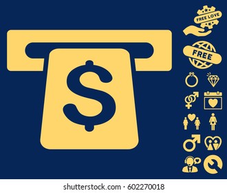 ATM pictograph with bonus dating images. Vector illustration style is flat iconic symbols on white background.
