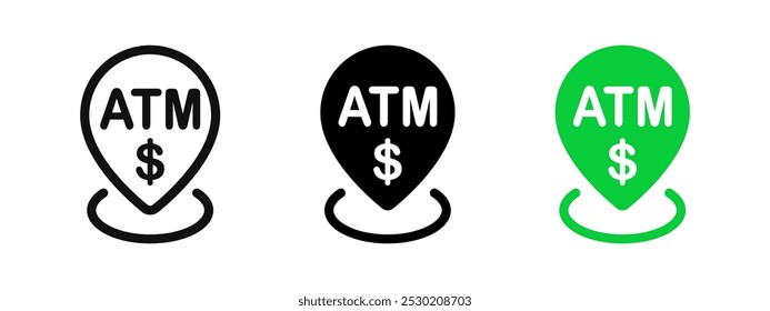 ATM pin dollar icon. Banking location symbol. Cash dispenser marker. Automated teller machine navigation pointer. Money withdrawal map. Payment terminal vector illustration isolated.