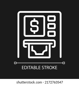 Icono lineal blanco perfecto de píxel ATM para el tema oscuro. Máquina de cajeros automáticos. Retirada. Transacciones financieras. Ilustración de línea delgada. Símbolo aislado para el modo nocturno. Trazo editable. Tipo de letra arial utilizado