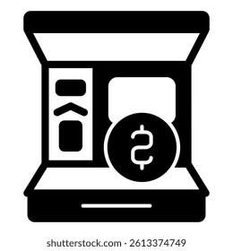 ATM point solid icon, bank account concept. Vector graphics. Money cash withdrawal machine with dollar coin sign on white background, glyph style mobile or design