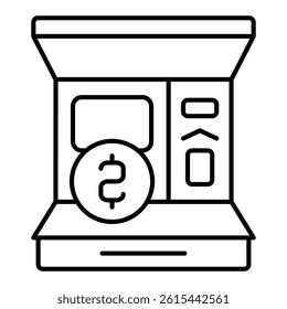 ATM point thin line icon, bank account concept. Vector graphics. Cash withdrawal machine with coin, money sign on white background, linear style for mobile or design