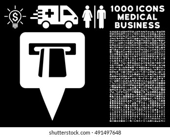 ATM Pointer icon with 1000 medical business white vector design elements. Design style is flat symbols, black background.
