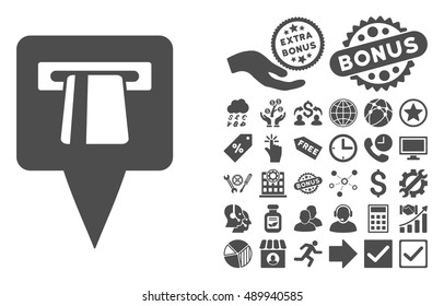 ATM Pointer icon with bonus images. Vector illustration style is flat iconic symbols, gray color, white background.