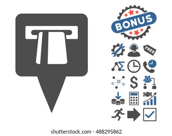 ATM Pointer pictograph with bonus pictograph collection. Vector illustration style is flat iconic bicolor symbols, cobalt and gray colors, white background.