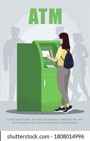 ATM poster template. Available money withdrawal. Terminal for money. Commercial flyer design with semi flat illustration. Vector cartoon promo card. Banking services advertising invitation