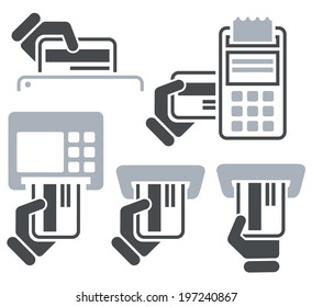 ATM, POS-Terminal and hand credit card icons