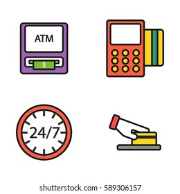 ATM pos-terminal with hand credit card icons payment transfer mobile service and automatic terminal money currency cash sign banking dollar machine vector illustration.