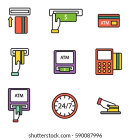 ATM pos-terminal with hand credit card icons payment transfer mobile service and automatic terminal money currency cash sign banking dollar machine vector illustration.