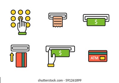 ATM pos-terminal with hand credit card icons payment transfer mobile service and automatic terminal money currency cash sign banking dollar machine vector illustration.