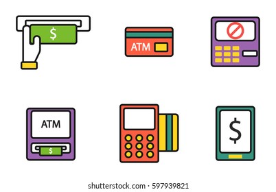 ATM pos-terminal with hand credit card icons payment transfer mobile service and automatic terminal money currency cash sign banking dollar machine vector illustration.