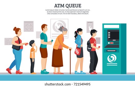ATM queue with elderly young people and kids flat vector illustration
