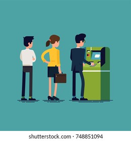 ATM queue. Flat vector illustration on people using automated teller machine. Office workers withdrawing cash and performing other money operations via cash machine