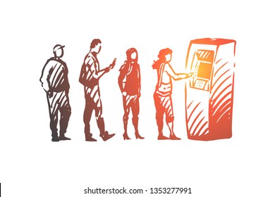 ATM, queue, people, money, machine concept. Hand drawn queue of people to ATM machine concept sketch. Isolated vector illustration.