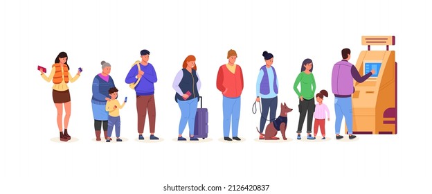 ATM queue. People queueing salary in bank machine, standing crowd line, withdraw card turning digital payment in cash, transaction money deposit, cartoon garish vector illustration. Atm bank queue