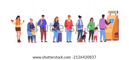 ATM queue. People queueing salary in bank machine, standing crowd line, withdraw card turning digital payment in cash, transaction money deposit, cartoon garish vector illustration. Atm bank queue