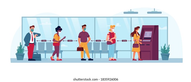 ATM queue, people in social distance line to bank, vector flat. Coronavirus COVID social distance, people in masks standing, waiting in line to ATM cash withdrawal, bank public safety, indoor inside