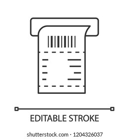 ATM receipt linear icon. Payment terminal paper check. Thin line illustration. Bill. Sales receipt. Contour symbol. Vector isolated outline drawing. Editable stroke