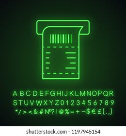 ATM receipt neon light icon. Payment terminal paper check. Bill. Sales receipt. Glowing sign with alphabet, numbers and symbols. Vector isolated illustration
