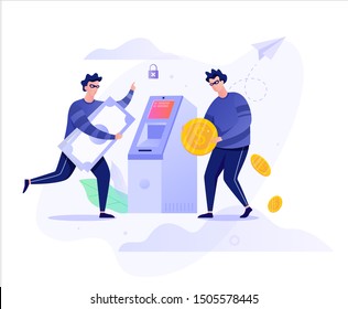 ATM robbery concept. Criminal character stealing money from bank. Burglar and crime. Vector illustration in flat style