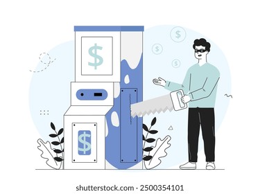 Concepto de robo de cajero automático. El hombre usa la sierra para atravesar el cajero automático. El ladrón y el estafador roban fondos. Delitos financieros y bancarios, robos y hurtos. Ilustración vectorial lineal aislada sobre fondo blanco