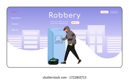 ATM Raub Landung Seite flach Farbe Vektorvorlage. Finanzbetrug. Gelddiebstahl. Dieb, der Geld abzieht. Homepage-Layout. Eine Seite Website-Schnittstelle mit Cartoon-Charakter. Webbanner, Webseite