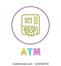 ATM round linear button template for online app. Machine that gives money from card symbol on outline icon isolated cartoon flat vector illustration.