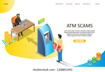 ATM scams landing page website template. Vector isometric illustration of man with plastic card standing in front of automated teller machine and hacker stealing data from card.