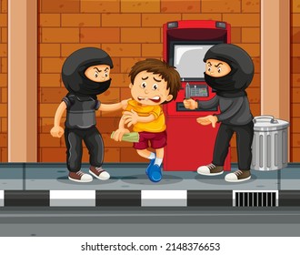 ATM scene with a boy threatened from two robbers illustration