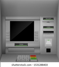 Atm screen, automated teller machine black monitor with keypad for enter password and operation with money. Banking terminal for finance service and currency withdraw. Realistic 3d vector illustration